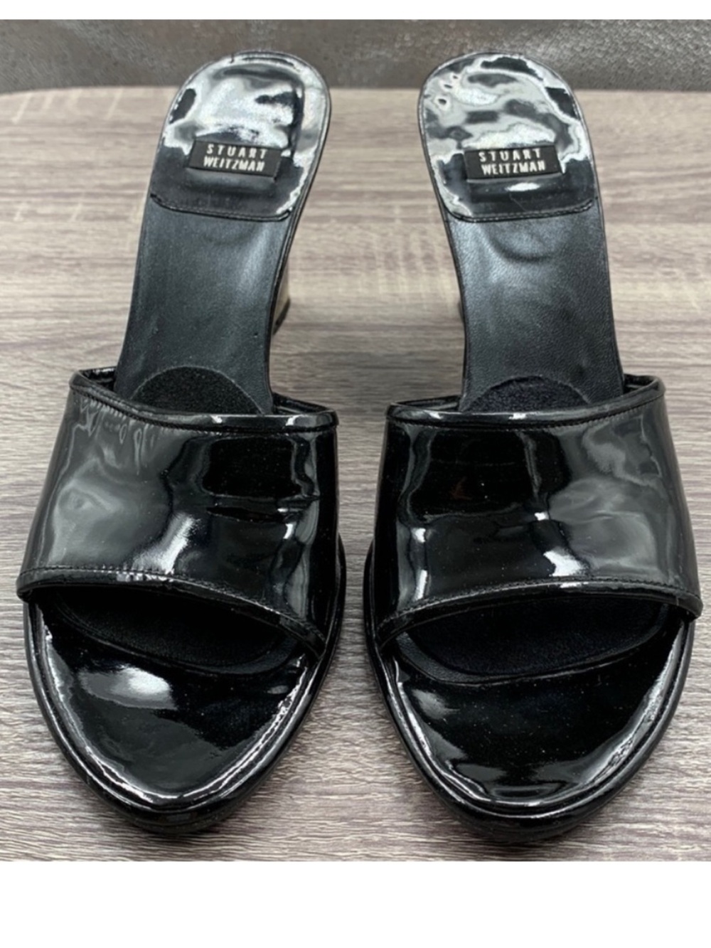 Stuart Weitzman Black Patent Leather Wedge Slide Sandals (Glossy).   7B. - Picture 3 of 10